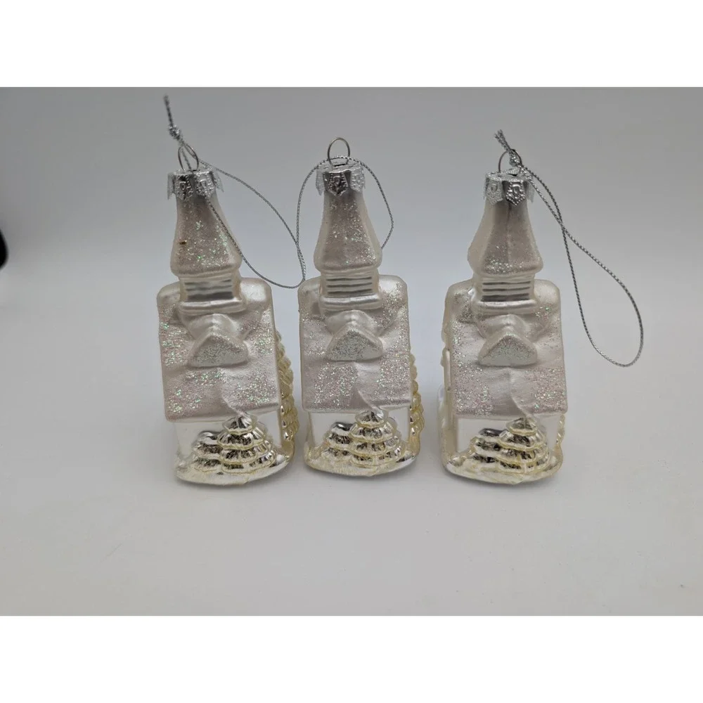 Glass Church Chapel Christmas Ornaments Silver White Lot of 3 4 Inch‎